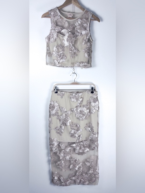 Camila Coelho Dresses & Skirts - Camila Coelho Nude Silver Floral Embroidered 2 Piece Crop Top Skirt Co-Ord Set M